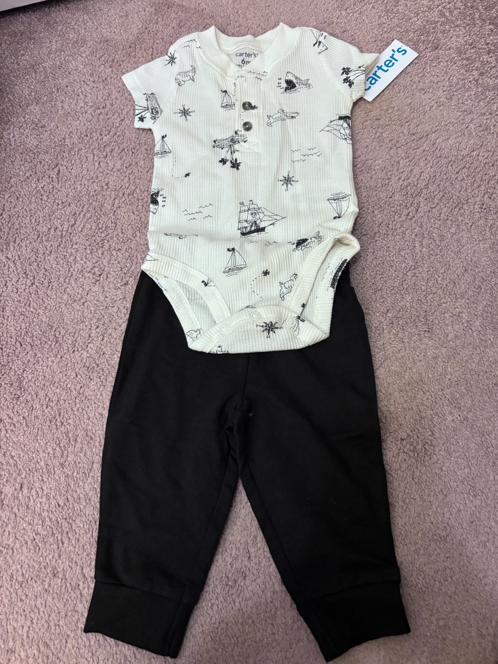 NWT Carter's Cream Nautical Print Bodysuit with Black Pants Set